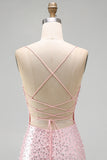 Bodycon rosa con spalline spaghetti, perle con perline, vestito corto di homecoming