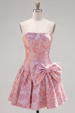 Abito di ritorno a casa Jacquard con fiocco senza spalline viola A-Line Pearls