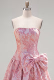 Abito di ritorno a casa Jacquard con fiocco senza spalline viola A-Line Pearls