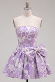 Abito di ritorno a casa Jacquard con fiocco senza spalline viola A-Line Pearls
