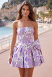 Abito di ritorno a casa Jacquard con fiocco senza spalline viola A-Line Pearls