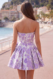 Abito di ritorno a casa Jacquard con fiocco senza spalline viola A-Line Pearls
