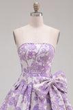 Abito di ritorno a casa Jacquard con fiocco senza spalline viola A-Line Pearls