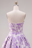 Abito di ritorno a casa Jacquard con fiocco senza spalline viola A-Line Pearls