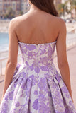 Abito di ritorno a casa Jacquard con fiocco senza spalline viola A-Line Pearls