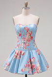 Abito di cocktail in raso A-Line blu corsetto floreale