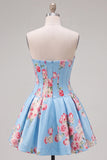 Abito di cocktail in raso A-Line blu corsetto floreale