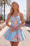 Abito di cocktail in raso A-Line blu corsetto floreale