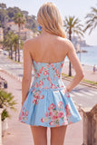 Abito di cocktail in raso A-Line blu corsetto floreale