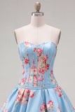 Abito di cocktail in raso A-Line blu corsetto floreale