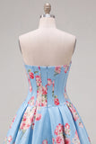 Abito di cocktail in raso A-Line blu corsetto floreale