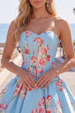 Abito di cocktail in raso A-Line blu corsetto floreale