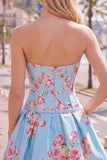 Abito di cocktail in raso A-Line blu corsetto floreale
