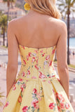 Abito di cocktail in raso A-Line blu corsetto floreale