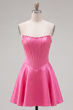 Abito di cocktail in raso A-Line Corset Perle Fucsia Sweetheart