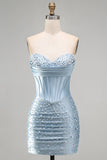 Corsetto body-con strapless grigio blu perle perlate per il vestito corto di homecoming