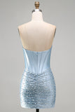 Corsetto body-con strapless grigio blu perle perlate per il vestito corto di homecoming