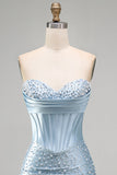 Corsetto body-con strapless grigio blu perle perlate per il vestito corto di homecoming