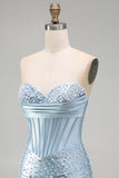Corsetto body-con strapless grigio blu perle perlate per il vestito corto di homecoming