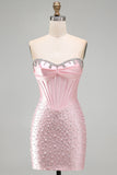 Corsetto rosa scintillante con perline, vestito corto perla con strass