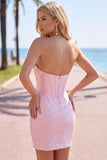 Corsetto rosa scintillante con perline, vestito corto perla con strass