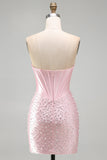 Corsetto rosa scintillante con perline, vestito corto perla con strass