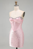 Corsetto rosa scintillante con perline, vestito corto perla con strass