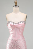 Corsetto rosa scintillante con perline, vestito corto perla con strass
