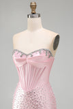 Corsetto rosa scintillante con perline, vestito corto perla con strass