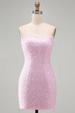 Vestito corto di cocktail corto rosa senza spalline