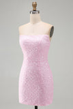 Vestito corto di cocktail corto rosa senza spalline