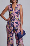 Completi femminili a V-neck rosa blu navy rosa con cintura
