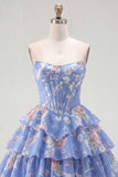 Corsetto giallo senza spalline A-Line Abito di Homecoming a Livelli a Fiori