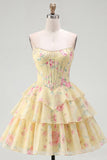 Corsetto giallo senza spalline A-Line Abito di Homecoming a Livelli a Fiori