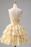 Corsetto giallo senza spalline A-Line Abito di Homecoming a Livelli a Fiori