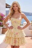 Corsetto giallo senza spalline A-Line Abito di Homecoming a Livelli a Fiori