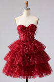 Corsetto A-Line Bordeaux Sweetheart Corsetto a livelli con paillettes Abito di Homecoming