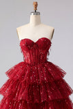Corsetto A-Line Bordeaux Sweetheart Corsetto a livelli con paillettes Abito di Homecoming