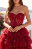 Corsetto A-Line Bordeaux Sweetheart Corsetto a livelli con paillettes Abito di Homecoming