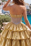 Corsetto trasparente senza spalline dorato a linea, vestito di homecoming a livelli con perline