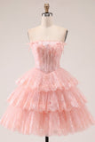 Corsetto floreale senza spalline in tulle A-Line Corsetto a Spalline Abito di Homecoming a livelli