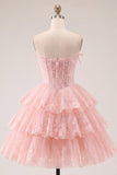 Corsetto floreale senza spalline in tulle A-Line Corsetto a Spalline Abito di Homecoming a livelli