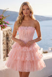 Corsetto floreale senza spalline in tulle A-Line Corsetto a Spalline Abito di Homecoming a livelli