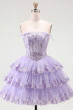 Corsetto floreale senza spalline in tulle A-Line Corsetto a Spalline Abito di Homecoming a livelli