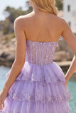 Corsetto floreale senza spalline in tulle A-Line Corsetto a Spalline Abito di Homecoming a livelli