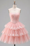 Corsetto floreale in tulle rosa A-Line Sweetheart Dress, abito di homecoming a livelli