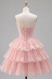 Corsetto floreale in tulle rosa A-Line Sweetheart Dress, abito di homecoming a livelli