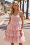 Corsetto floreale in tulle rosa A-Line Sweetheart Dress, abito di homecoming a livelli