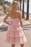 Corsetto floreale in tulle rosa A-Line Sweetheart Dress, abito di homecoming a livelli