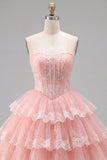 Corsetto floreale in tulle rosa A-Line Sweetheart Dress, abito di homecoming a livelli